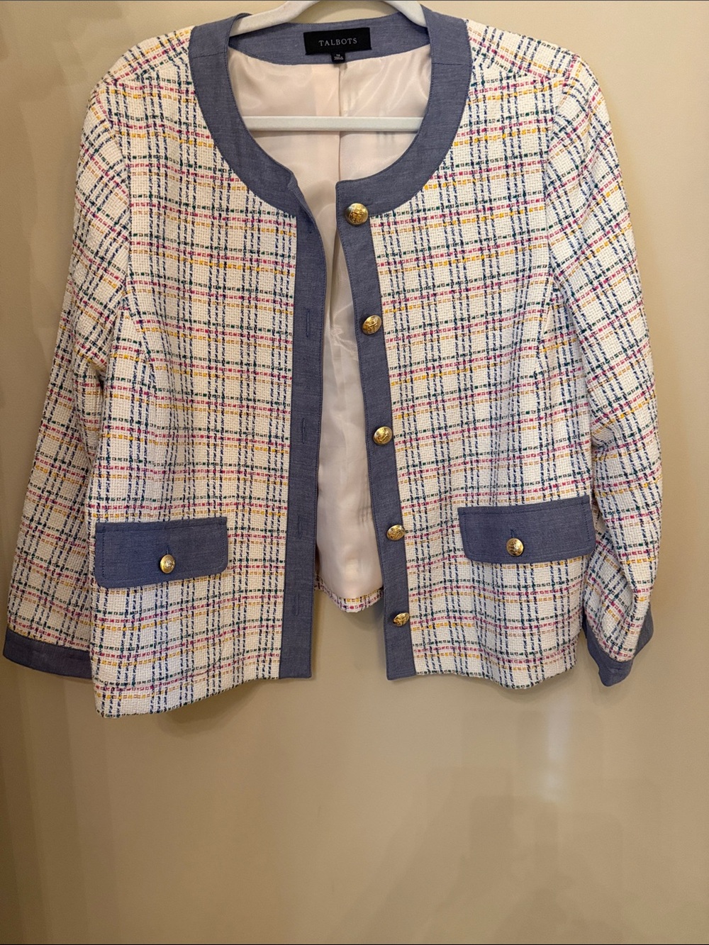 Talbots White Multi-Check Collarless Tweed Jacket with Blue Trim. worn twice